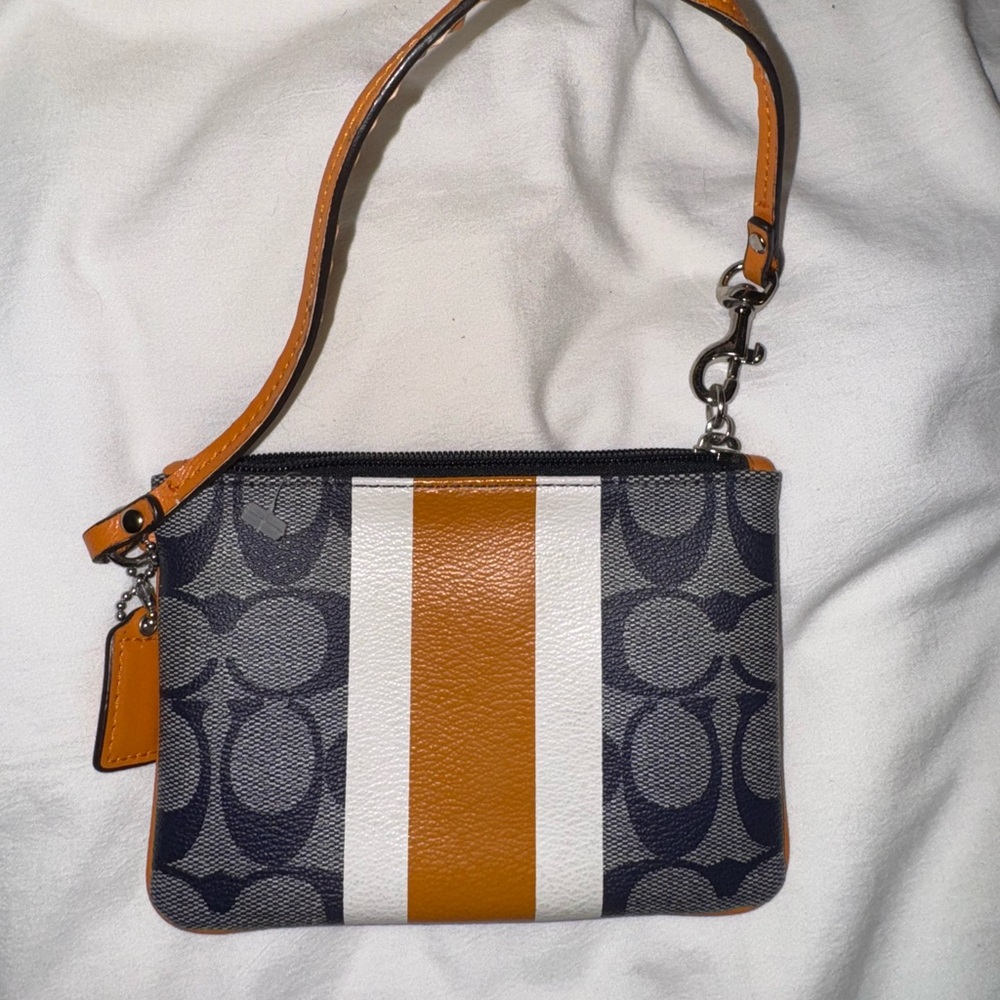 Coach Signature Stripe Wristlet - Orange and Navy